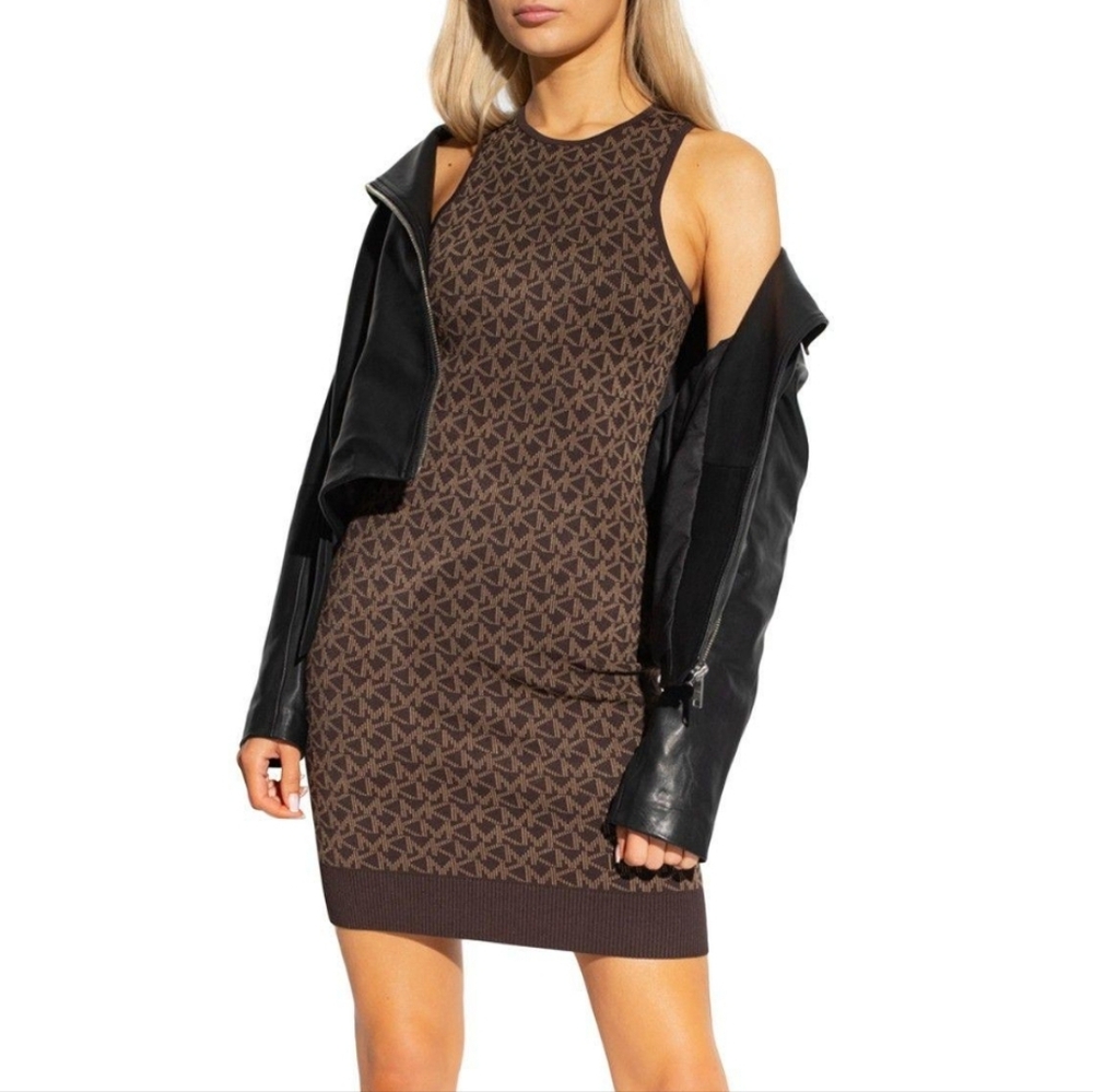 Michael Kors Womens Chocolate Logo Jacquard Tank Dress - Large - Picture 3 of 10